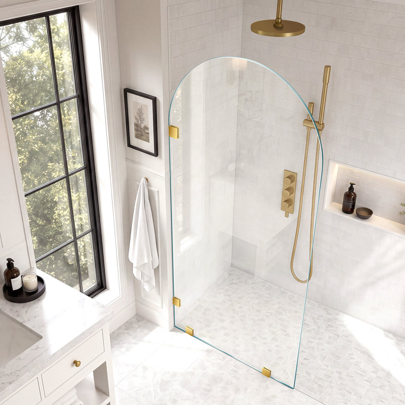 Paroi de douche fixe l 36 po x H 80 po, panneau de verre arqué avec verre trempé transparent de 3/8 po, panneau de verre simple sans cadre, porte de douche à l'italienne, or brossé