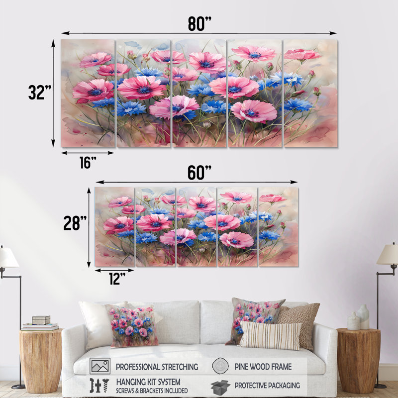 Rose, bleu, bleuet délicat, pétales de bleuet I, ensemble d'art mural, H 32 po x l 80 po