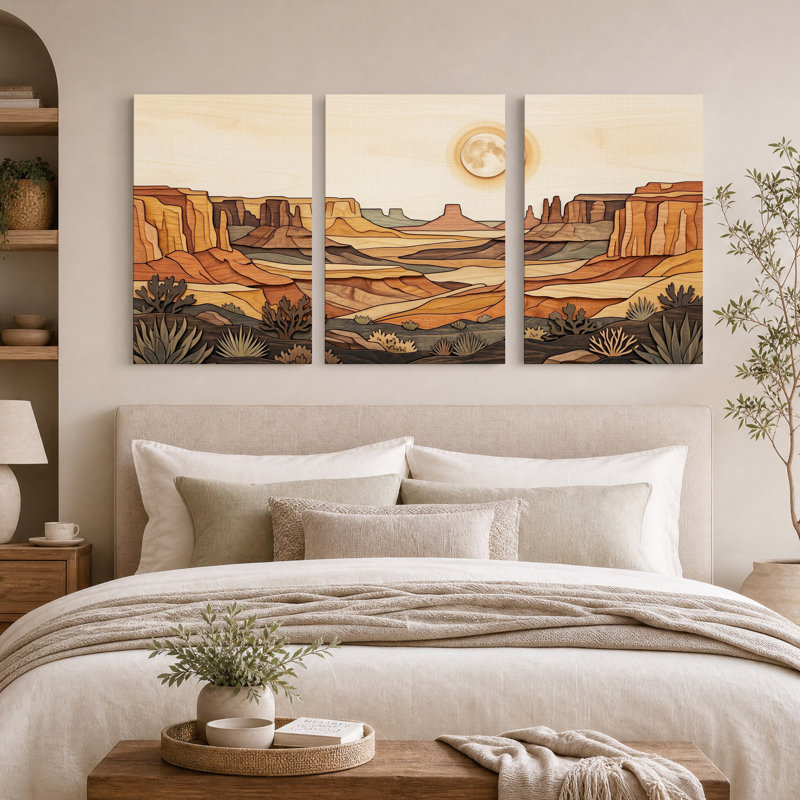 Ensemble de 3 toiles murales représentant un paysage de canyon désertique en bois superposé avec la lune, 18"H x 12"W x 3pcs