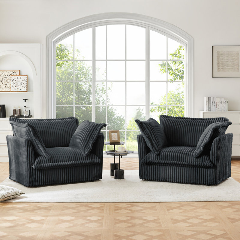 Ensemble de 2 fauteuils avec housse, fauteuil d'appoint à siège profond pour salon, salle de lecture, chambre à coucher et espaces de travail, ensembles de fauteuils avec grands coussins moelleux, tissu en velours côtelé gris
