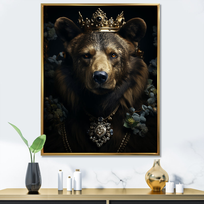 «Royal Bear Crown Portrait I», art mural ours, Cadre flottant doré, H 40 po x l 30 po x P 1,5 po