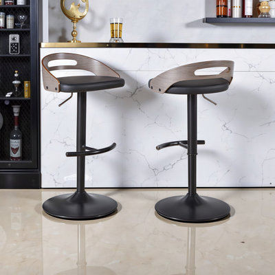 Modern Adjustable Height Barstools with Swivel & T-Footrest - Set of 2 in Metal, Wood & Faux Leather