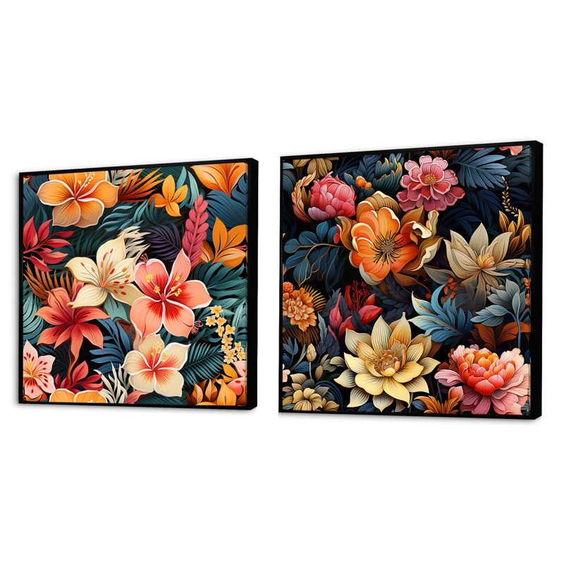 Datur - ensemble de 2 collages carrés floraux, Cadre flottant noir, H 16 po x l 33 po