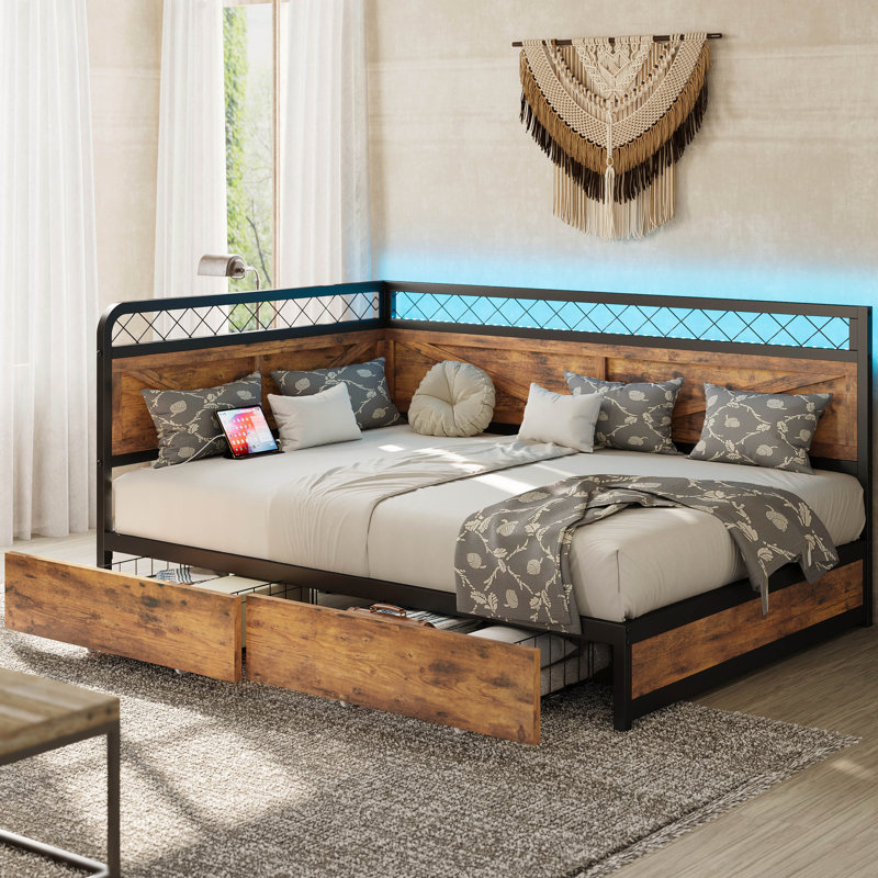 Industrial Corner Daybed With LED Lights & Storage Drawer - Twin Size, 900Lb Capacity, Full, Industrial Brown