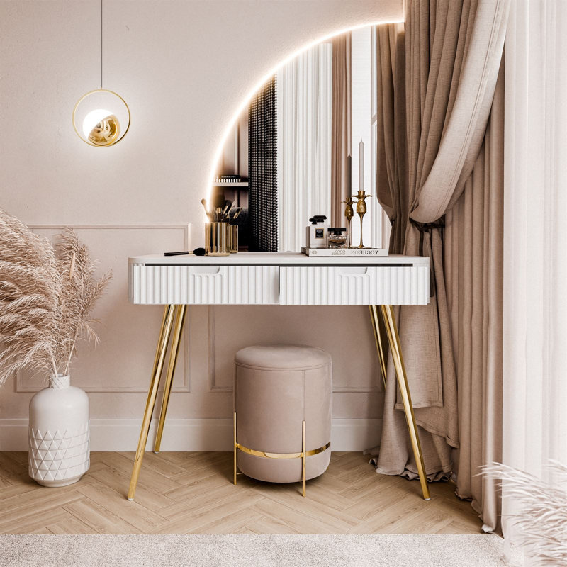-QS dressing table with LED mirror, White/Gold