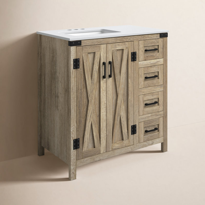Slayton 32'' Single Bathroom Vanity with Engineered Marble Top, Natural Oak