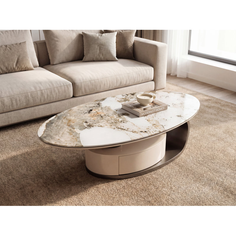 Plateau de table ovale en verre trempé et acier inoxydable et panneau de fibres à densité moyenne de 51,18 po x 27,56 po x 16,93 po beige et gris avec rangement