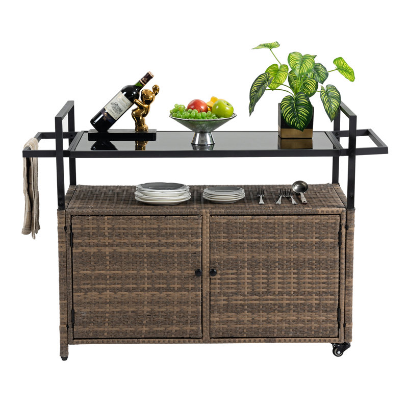 Outdoor Wicker Bar Cart, Patio Wine Serving Cart W/Wheels, Rolling Rattan Beverage Bar Counter Table W/Glass Top For Porch Backyard Garden Poolside Party