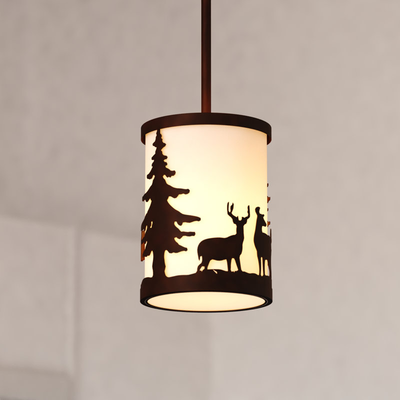 Jorene Bronze Rustic Mini Pendant Ceiling Light White Linen Shade Deer And Tree