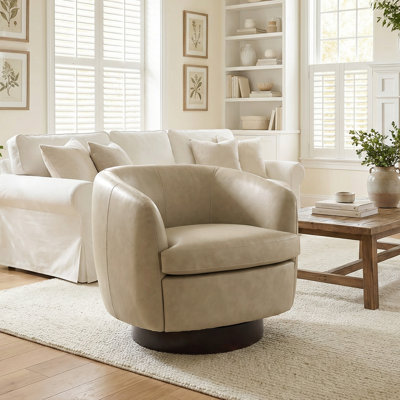 Upholstered Cream Faux Leather Swivel Barrel Chair Recessed Arms With Solid Wood Base