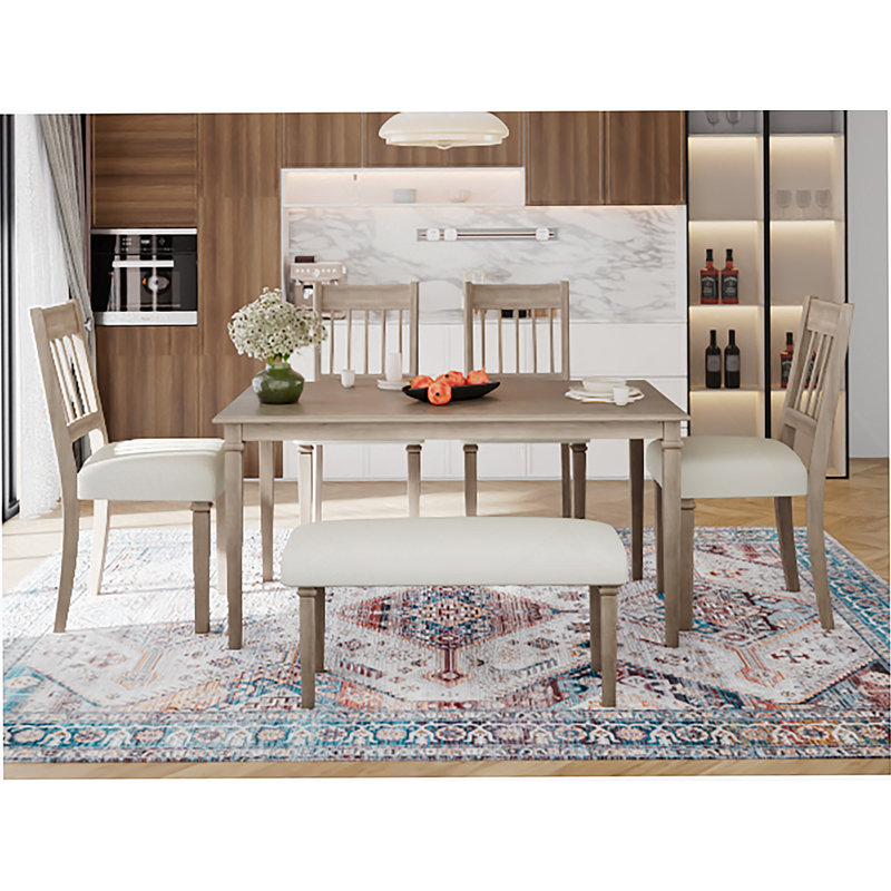 Ensemble de salle à manger 6 pièces, table rectangulaire en bois avec 4 chaises et 1 banc pour la cuisine et la salle à manger
