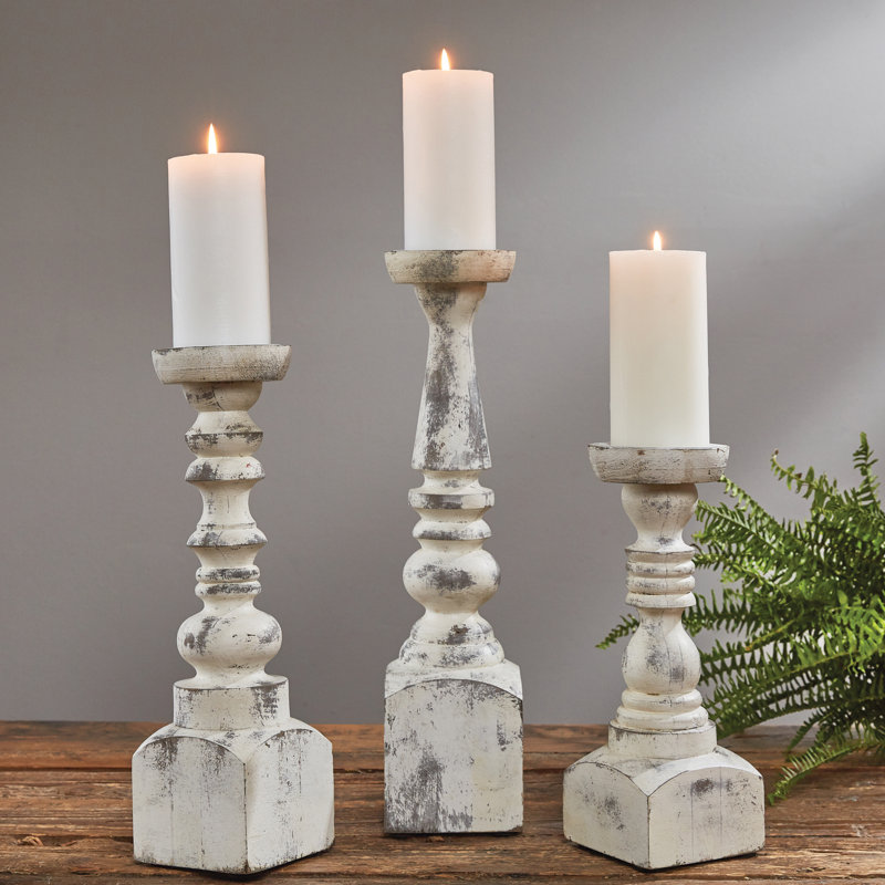 18'' H Wood Tabletop Candlestick, White