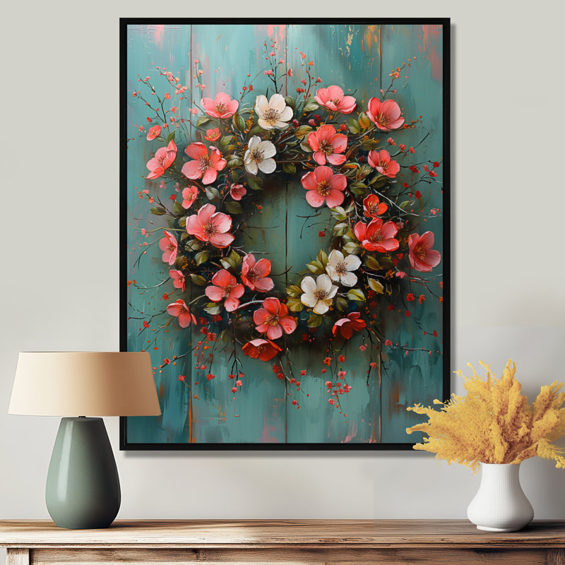 Rose, bleu, printemps, symphonie de couronne III - Couronne, art mural, Cadre flottant noir, H 30 po x l 40 po