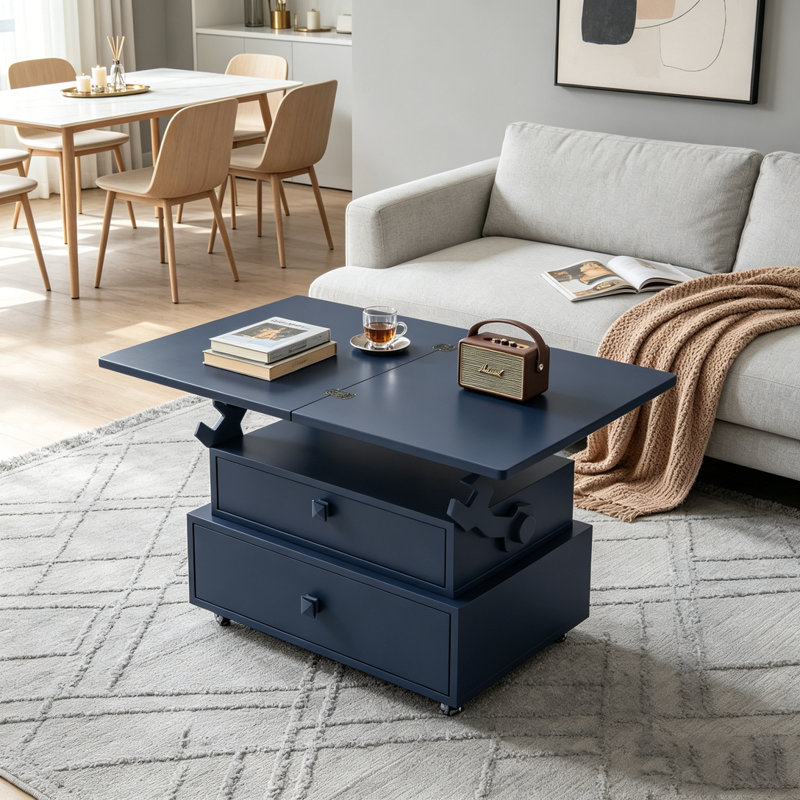 Table de bout roulante à hauteur ajustable ultrabrillante avec station de charge et plateau rabattable, Blue