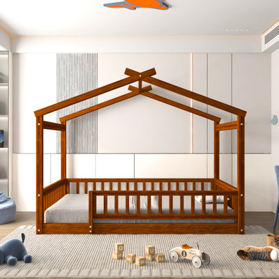 Full Size Wood House Bed Frame With Fence, Walnut, For And Teens, Pine Construction, Play Chill In Fence , Build, Sleep Spot, Semi-enclosed Design