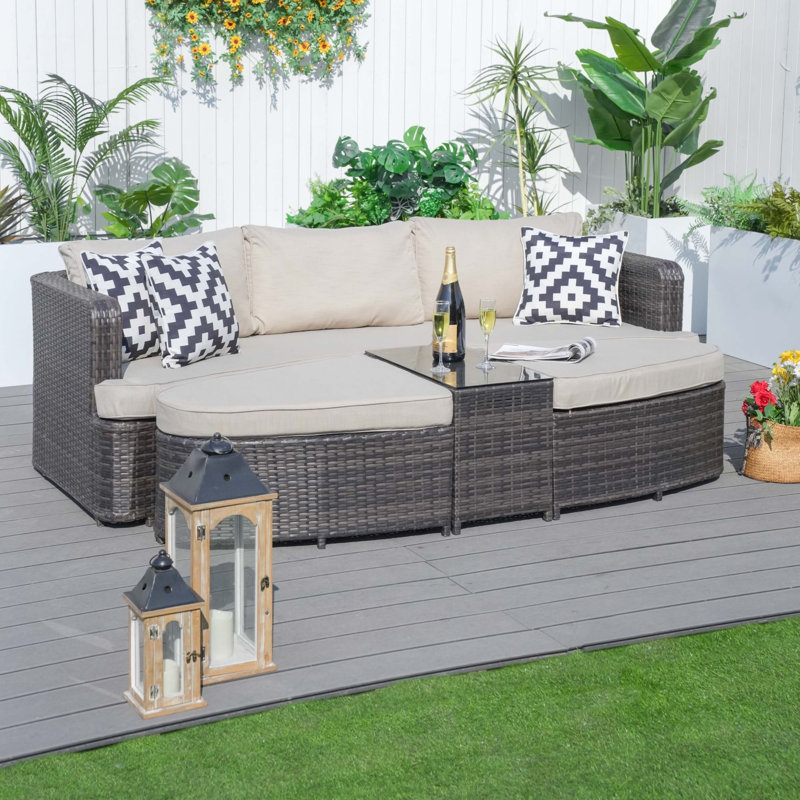 Rattan Outdoor Daybed Set With 10cm Cushions – Sofa, 2 Ottomans & End Table, Beige