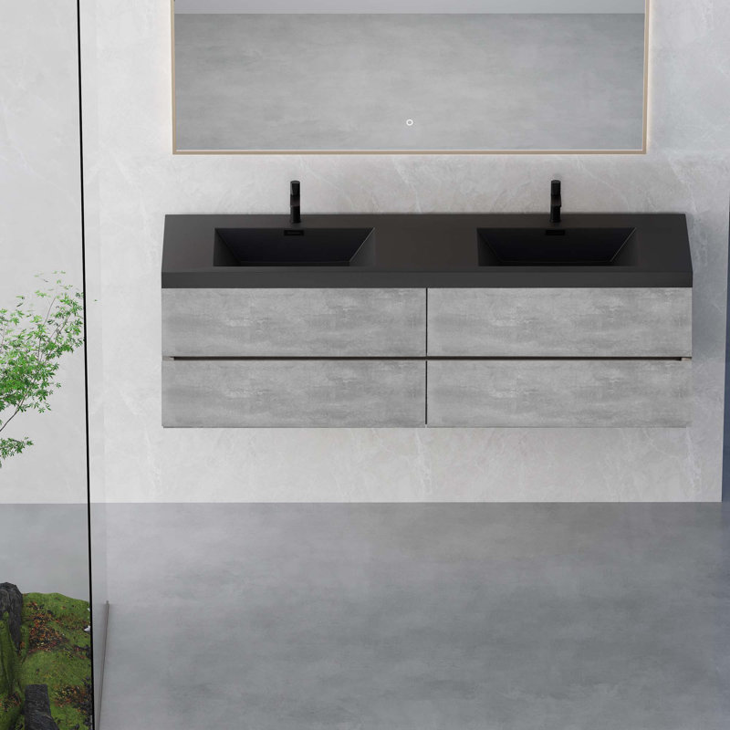 Meuble-lavabo flottant avec lavabo, meuble-lavabo mural moderne avec lavabos en quartz et tiroirs à fermeture en douceur
