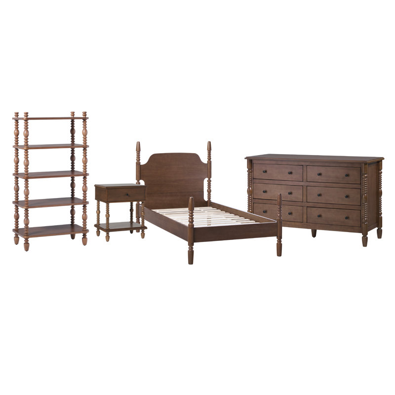Solid Wood 4-Piece Spindle Vivienne Twin Bed with Walker Edison Easy Assembly 1-Drawer Nightstand, 6-Drawer Dresser, and Short Bookshelf
