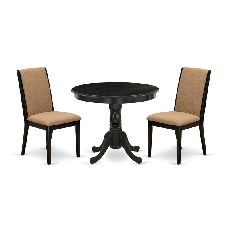 L'ensemble de meubles de salle à manger 3 pièces comprend une table de cuisine ronde avec piédestal et 2 chaises de salle à manger Parson en tissu de sable, 36 x 36 po, noir brossé