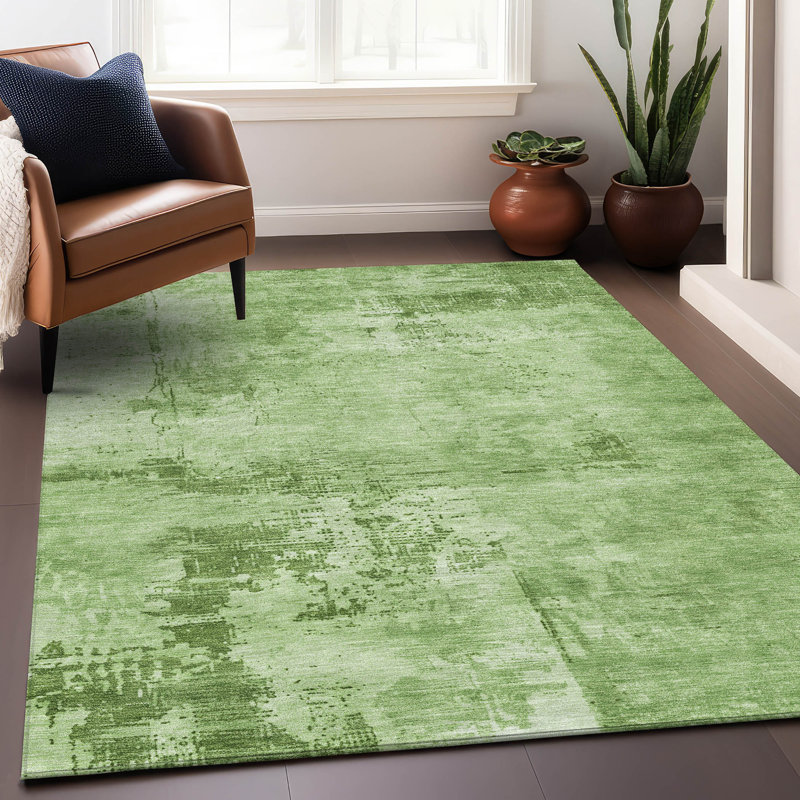 Green Abstract Synthetic Flat Woven Washable Rug 2'6" x 3'10"