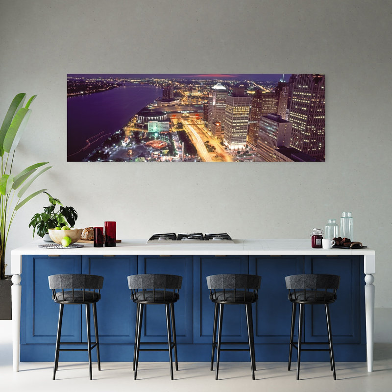 Buildings in a downtown district at night Detroit Wayne County Michigan USA 1 Piece Wrapped Canvas Panoramic Wall Art