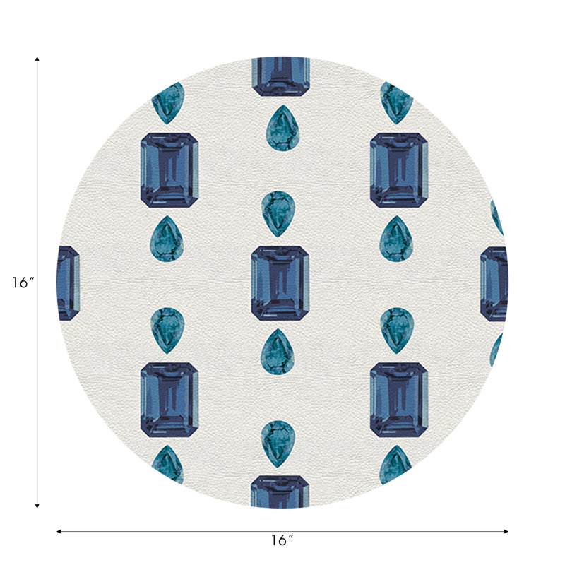 Gem Emeralds Vegan Leather Round Pebble Placemat, Sapphires, White