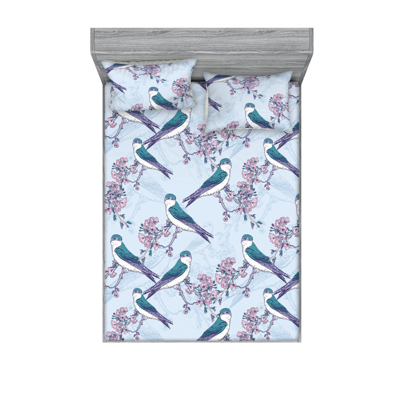 Ambesonne Fitted Sheet & Sham Set 2 Pcs Japan Sakura Birds Twin Dark Seafoam Pastel Pink