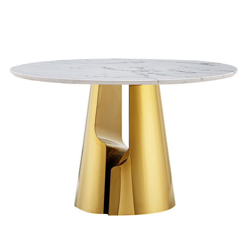 45" Round Marble Dining Table For 4-6, Modern White Faux Marble Kitchen Dining Room Table With Stainless Steel Cross Legs, Luxury Round Dinner Table For Kitchen Dining Room