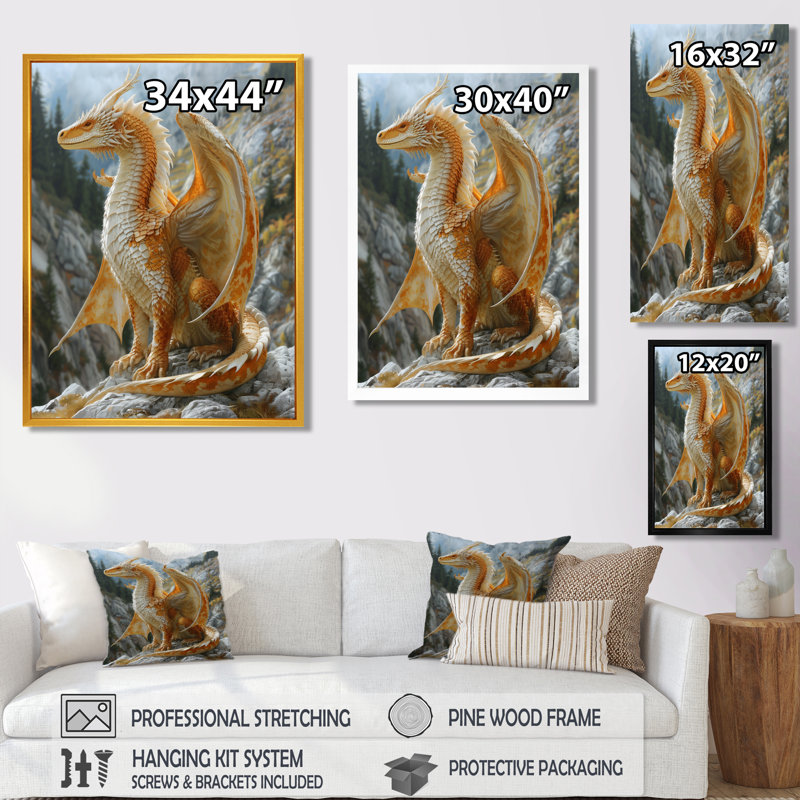 Décoration murale dragon jaune et blanc avec ailes dorées et dragons, Toile avec cadre flottant noir