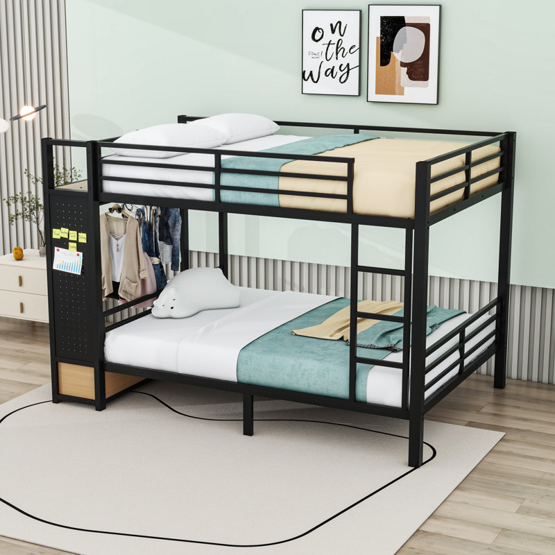 Two Drawers Metal Bunk Bed With Pegboard And Shelves, Queen