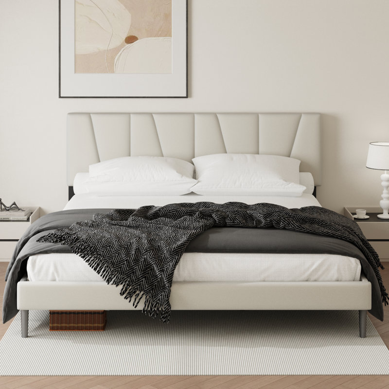Base de lit rembourrée avec tête de lit asymétrique et lattes en bois, Beige, Double