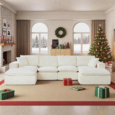 Modular Sectional Sofa Cloud Couch, 137" Chenille U Shaped Boneless Couches with Ottoman, 6-Seat Modern Sponge Compressed Couche with Deep Seat for Living Room (White, 4 Seater + 2 Ottoman)