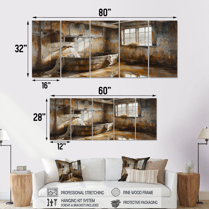 «Brown Rustic Bathroom Charm III», ensemble d'art sur toile rustique, H 28 po x l 60 po
