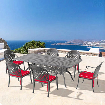 Ensemble de 7 pièces de mobilier de patio en aluminium coulé avec coussins rouges
