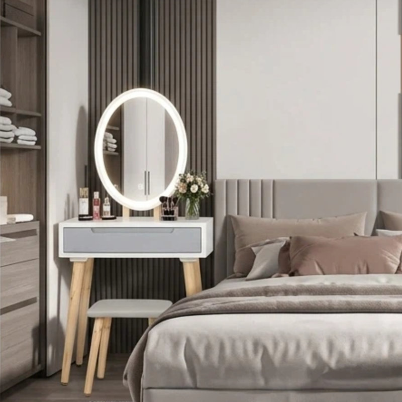 60cm Desktop Dressing Table With Led Lighted Mirror, Makeup Vanity Desk With Stool and Drawer, Beige/Blue