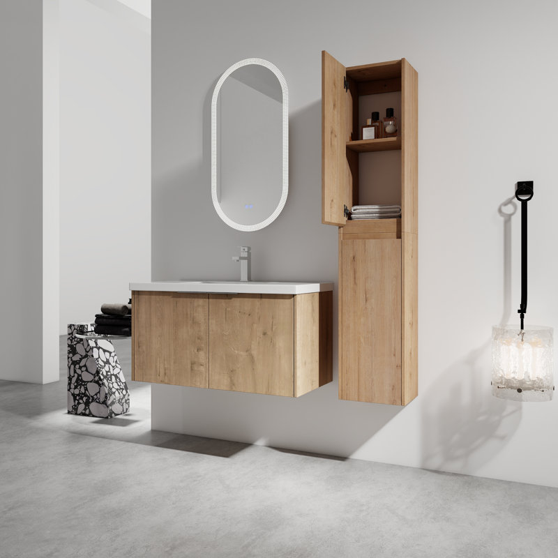 Meuble-lavabo mural multifonctionnel avec 2 armoires latérales