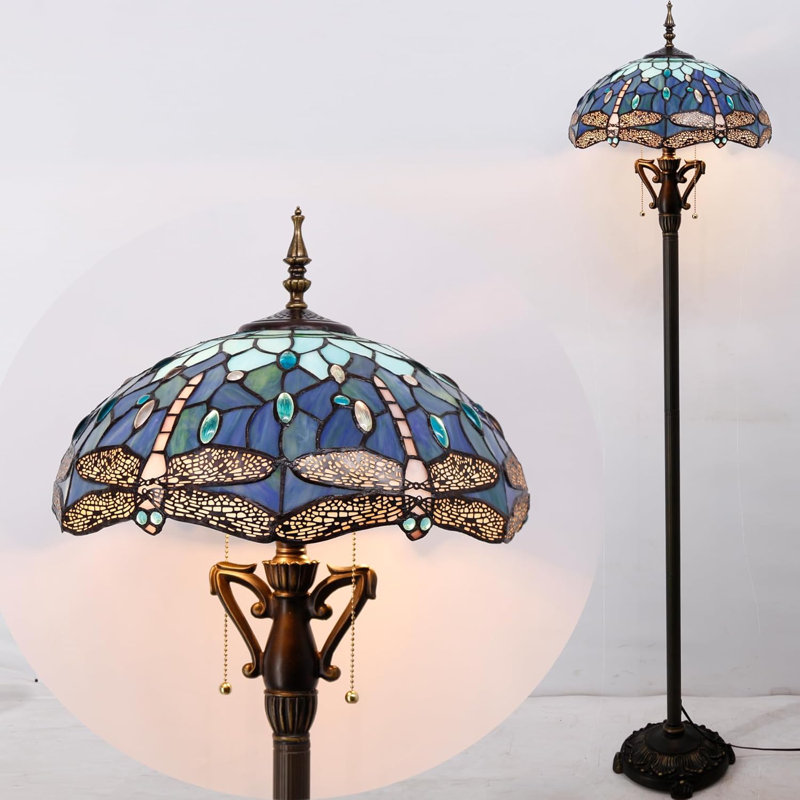 Tiffany Style Floor Lamp With Blue Dragonfly Stained Glass Shade, Antique Bronze Finish, Adjustable Height For Reading And Decorative Lighting