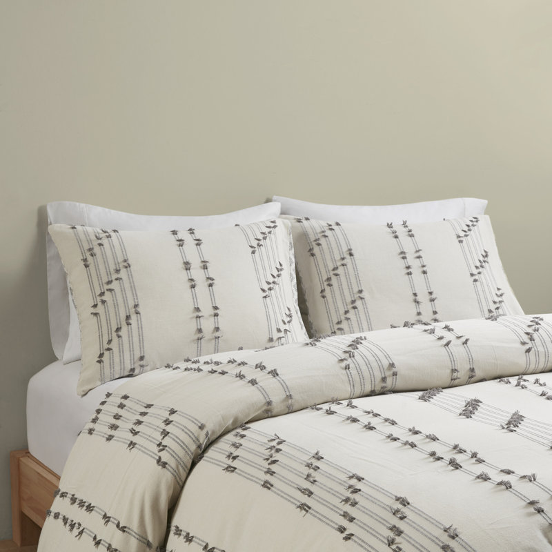 3 Piece Cotton Jacquard Bedding Set, Ivory, Full/Queen Duvet Cover + 2 Standard Shams