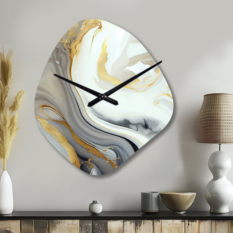 Horloge murale en marbre blanc et doré abstrait III - forme irrégulière, Petit