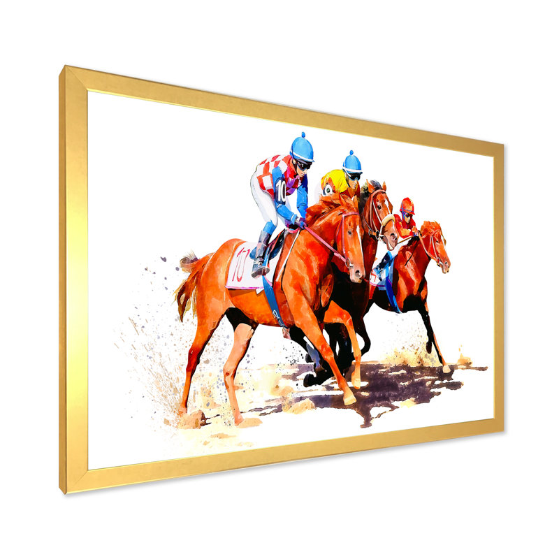 «Three Jockey Racing Horses Racinging», reproduction d'art sur toile, H 24 po x l 36 po x P 1 po, Toile encadrée dorée