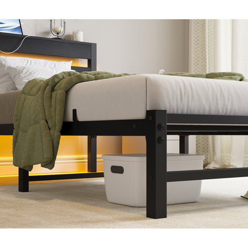 Twin Size Bed Frame  With Headboard, Usb Charging Station, Led Bed