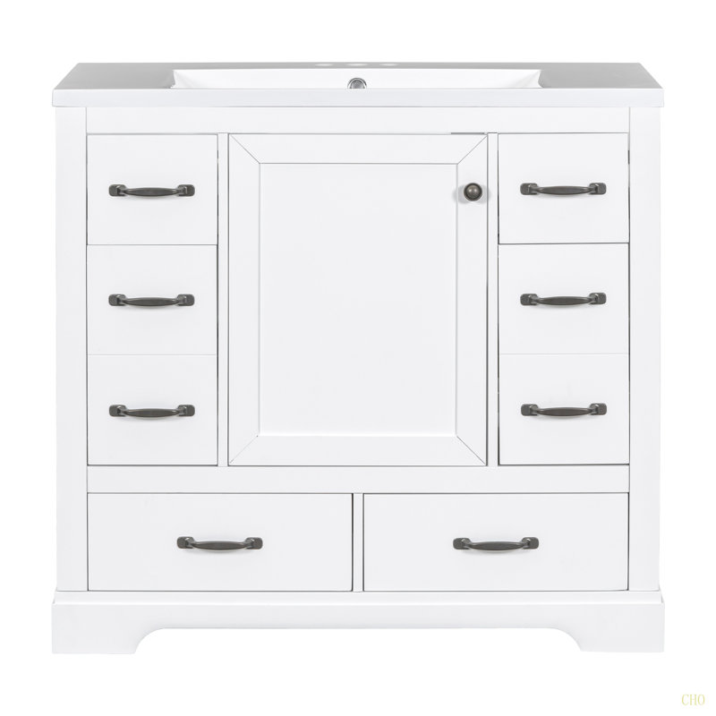 Ensemble de meuble-lavabo 36 po avec évier, six tiroirs, diviseur de tiroir multifonctionnel, tablette réglable, Blanc