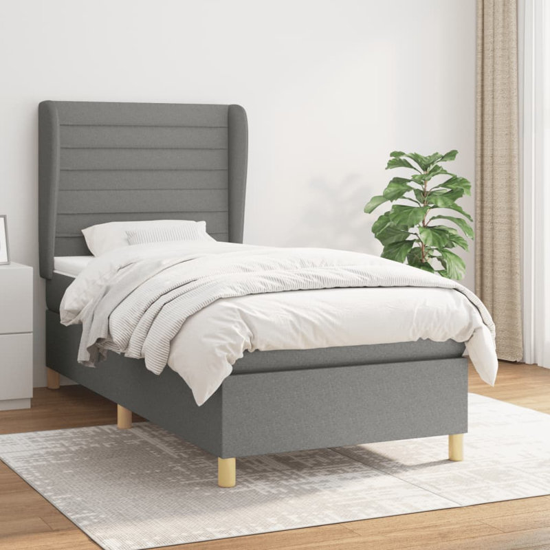Lit à sommier tapissier avec matelas, Tissu, Simple TG, Gris foncé / chêne