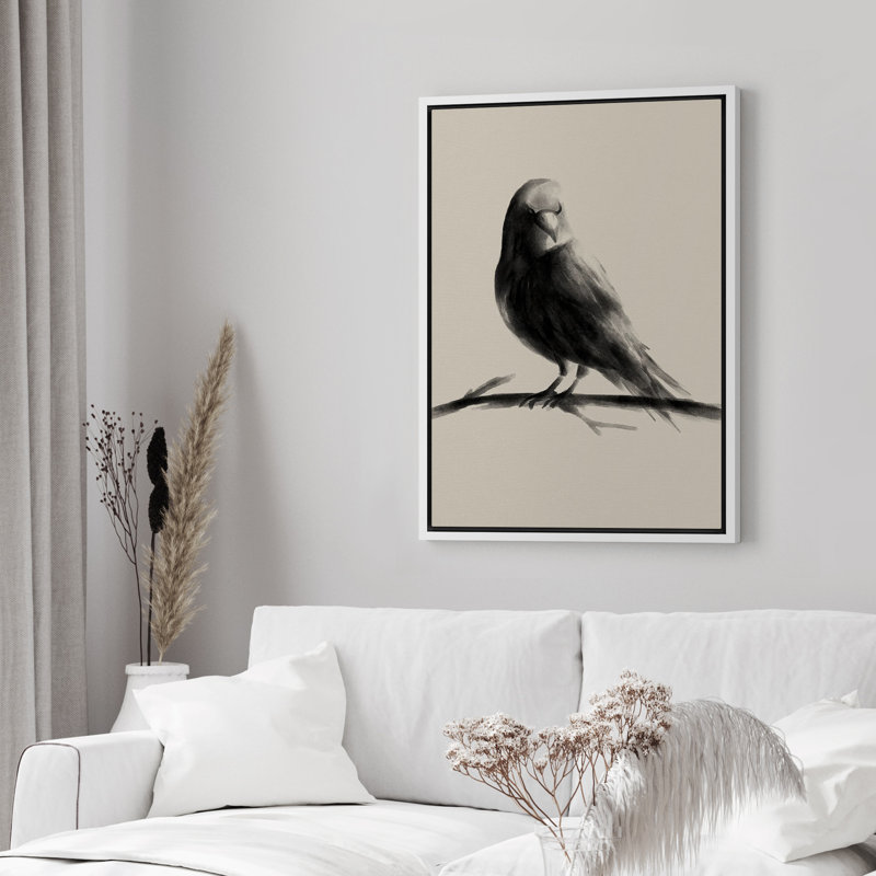 Oiseau gris, peinture à l'encre, Blanc, H 24 po x l 16 po