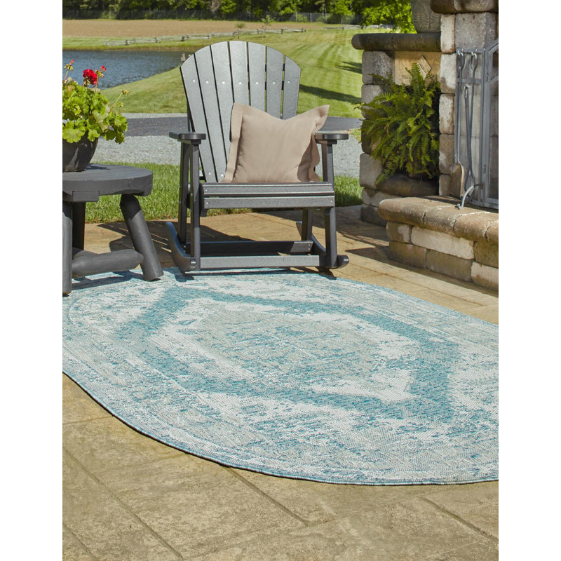 Tapis intérieur / extérieur en polypropylène tissé à la machine oriental bleu / gris, Ovale 3 pi 3 po x 5 pi 3 po