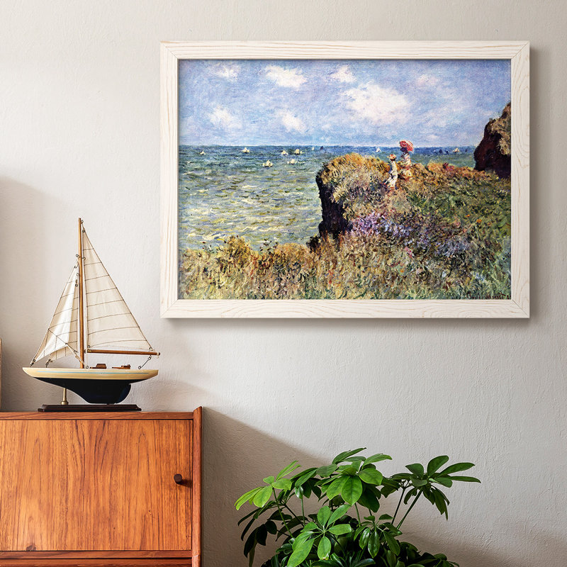 «Walk On The Cliff» par Monet, reproduction d'art encadrée sur toile par Monet, Cadre blanc, H 18 po x l 26 po x P 1,5 po