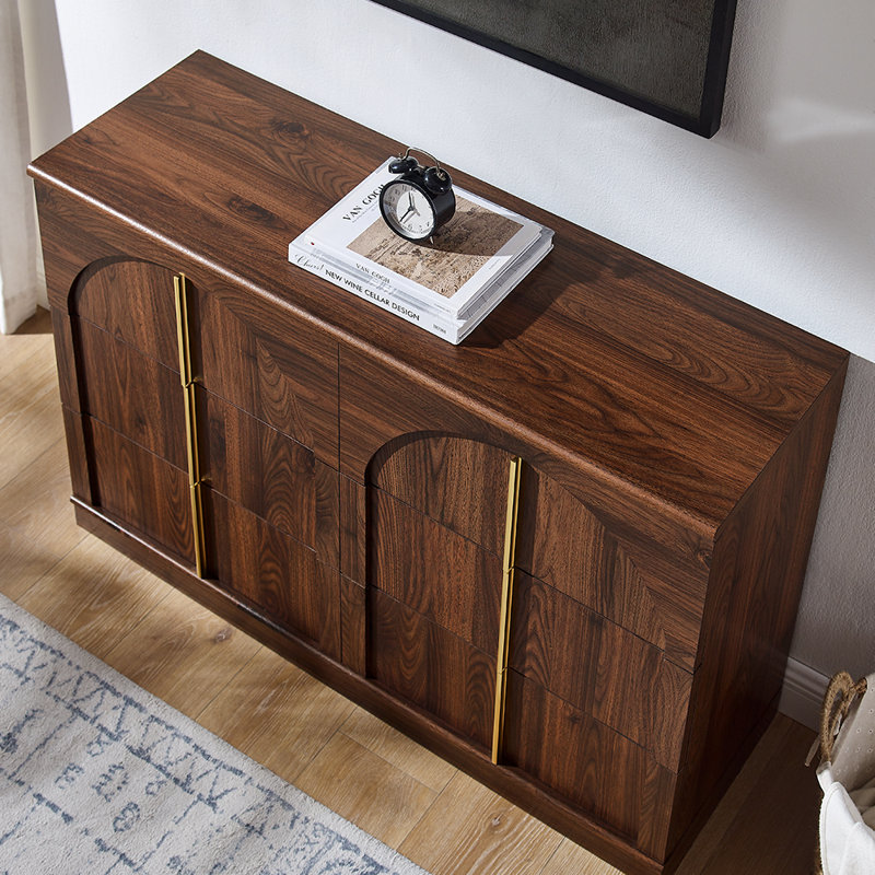 Modern 6 Drawer Dresser, Wood Wide Chest Of Drawers With Arched Style, Brown, Brown