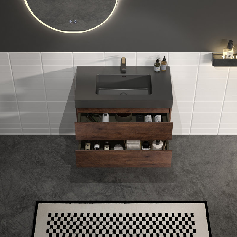 Meuble-lavabo mural simple de 30 po avec comptoir à surface solide avec trop-plein, pré-assemblé, Noyer, Noir mat, 30"