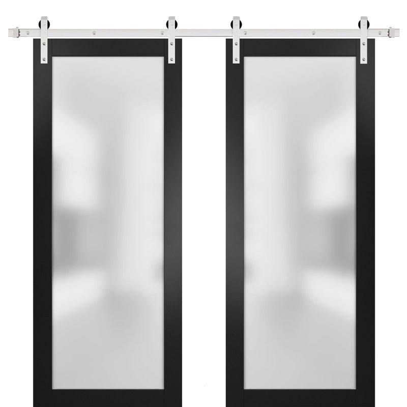 Porte de grange double robuste avec verre givré | Planum 2102 | Ensemble de cintres en métal argentés 13 pi | Portes intérieures modernes à panneau massif - Rail argenté