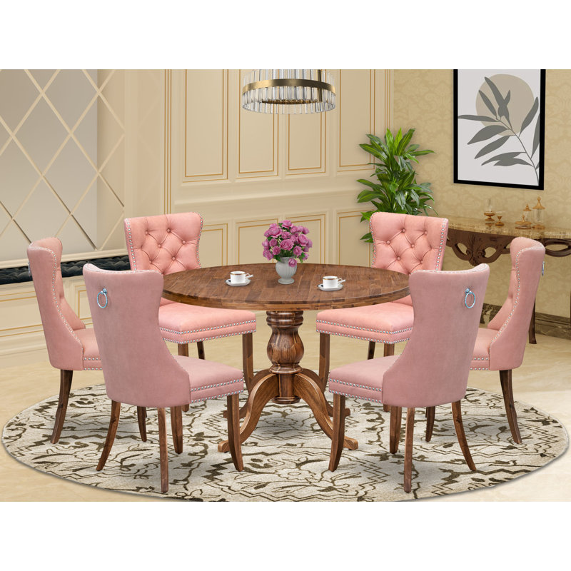 L'ensemble de salle à manger 7 pièces Mid Century contient une table et 6 chaises rembourrées en tissu de polyester rouge beige avec dossier capitonné, noyer antique